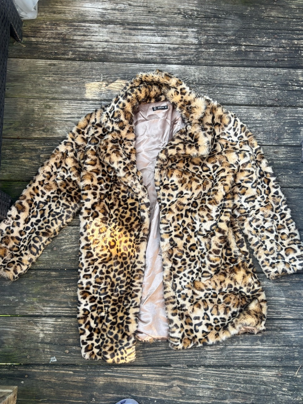 SHEIN Leopard Print Faux Fur Coat in Tan and Black